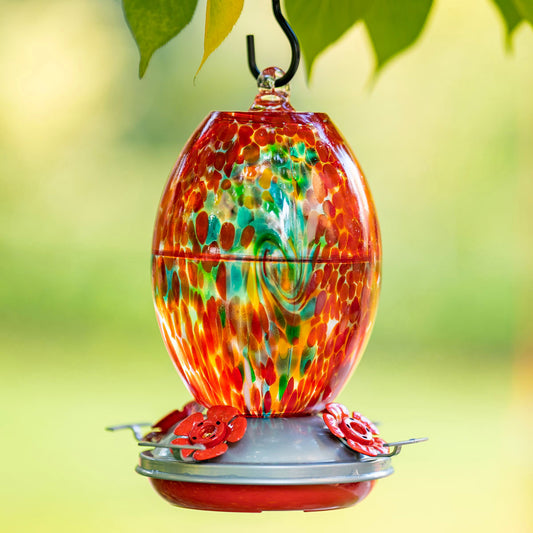 Muse Garden Hand Blown Glass Hummingbird Feeder, 27 Ounces, Unique Gift for Mom Women, Outdoors Hanging Garden Decor, Includes Ant Moat & Brush, Red Swirl