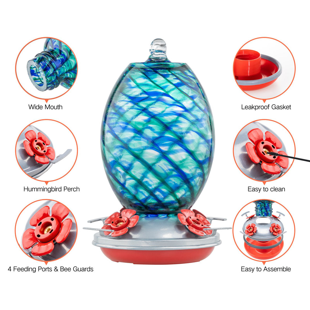 Muse Garden Hand Blown Glass Hummingbird Feeder, Unique Gift for Mom Gardeners Women, Outdoors Hanging Garden Decor, Includes Ant Moat & Brush,27 Ounces, Blue Mermaid