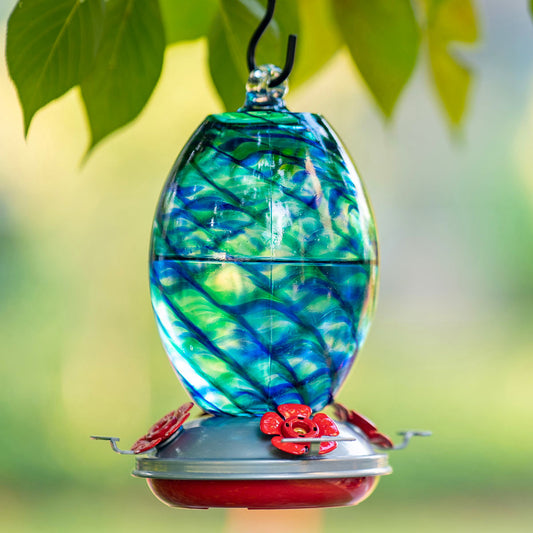 Muse Garden Hand Blown Glass Hummingbird Feeder, Unique Gift for Mom Gardeners Women, Outdoors Hanging Garden Decor, Includes Ant Moat & Brush,27 Ounces, Blue Mermaid