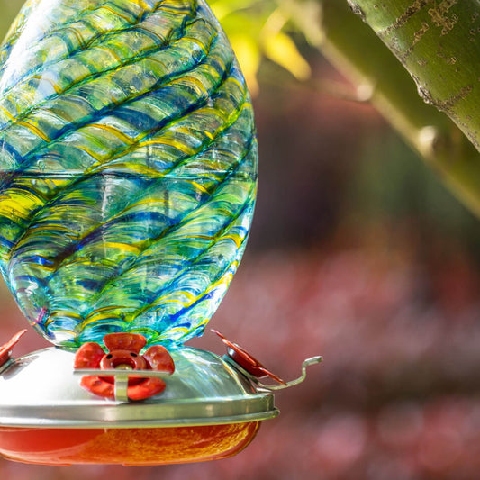 Muse Garden Hand Blown Glass Hummingbird Feeder, 27 Ounces, Unique Gift for Mom Women, Outdoors Hanging Garden Decor, Includes Ant Moat & Brush, Beach Mermaid