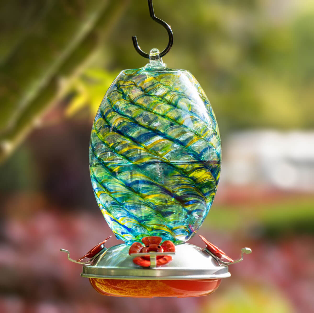 Muse Garden Hand Blown Glass Hummingbird Feeder  - 27 Ounces - Beach Mermaid