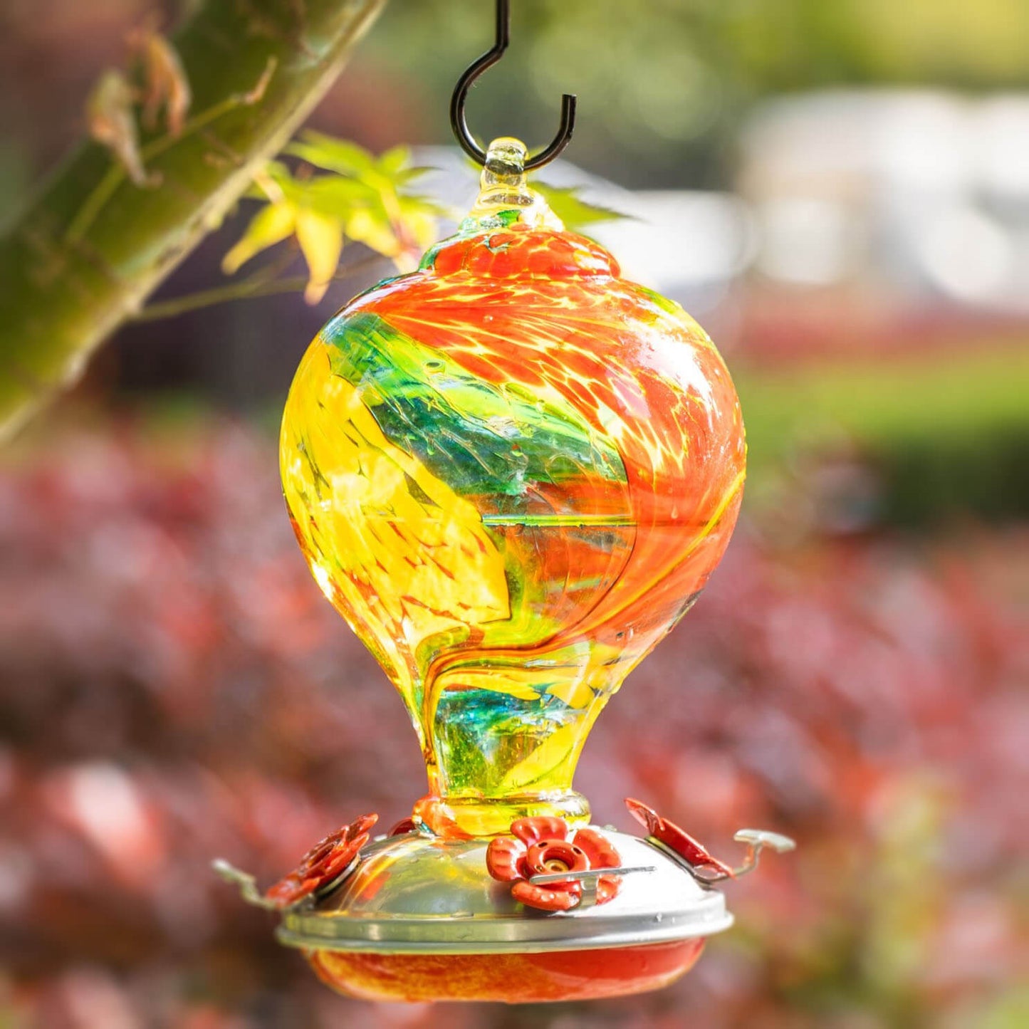 Muse Garden Hand Blown Glass Hummingbird Feeder - 32 Ounces - Carnival