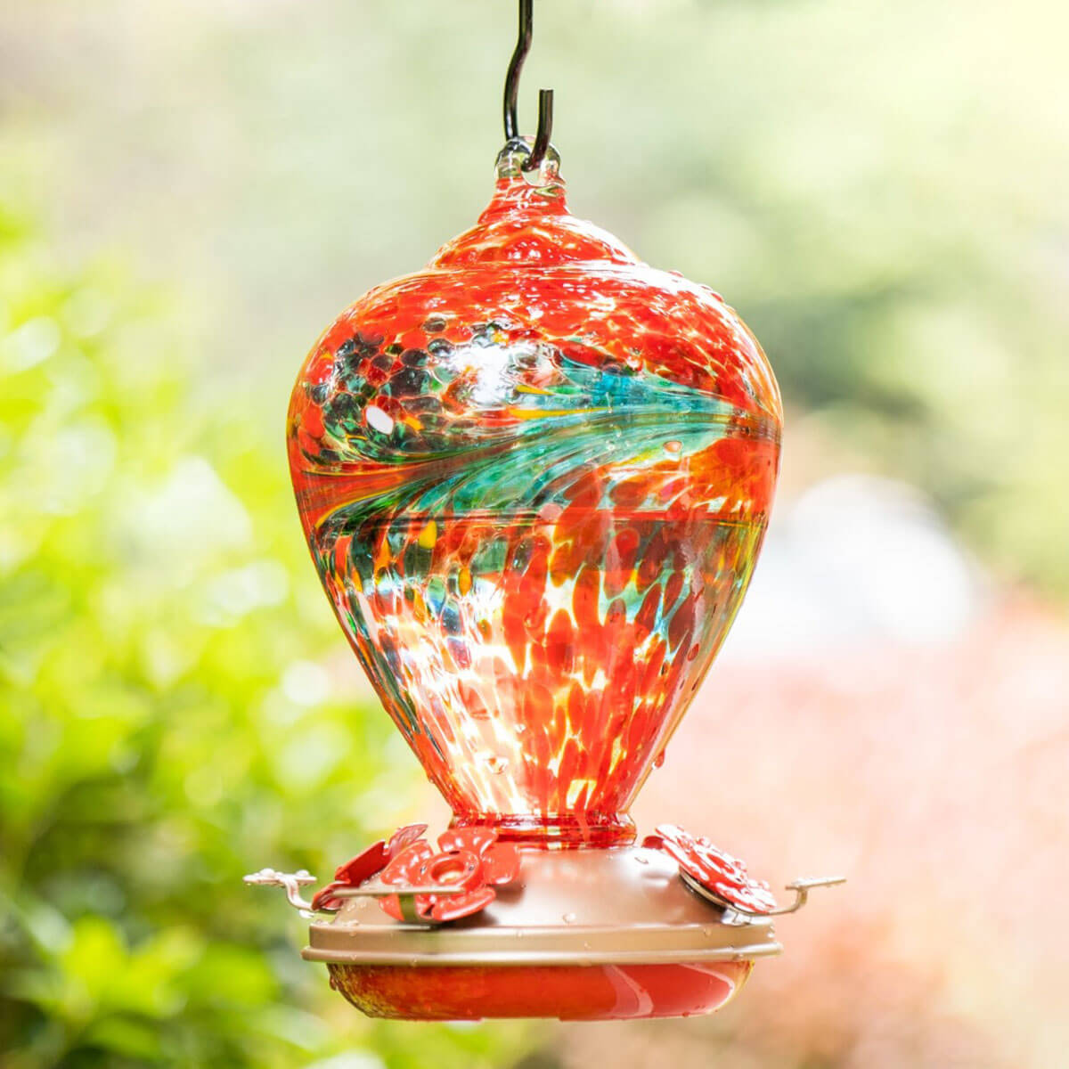 Muse Garden Hand Blown Glass Hummingbird Feeder, 34 Ounces, Phoenix Flying