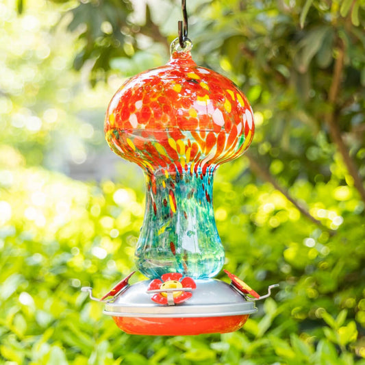 Muse Garden Hand Blown Glass Hummingbird Feeder, 28 Ounces, Ocean Sunrise