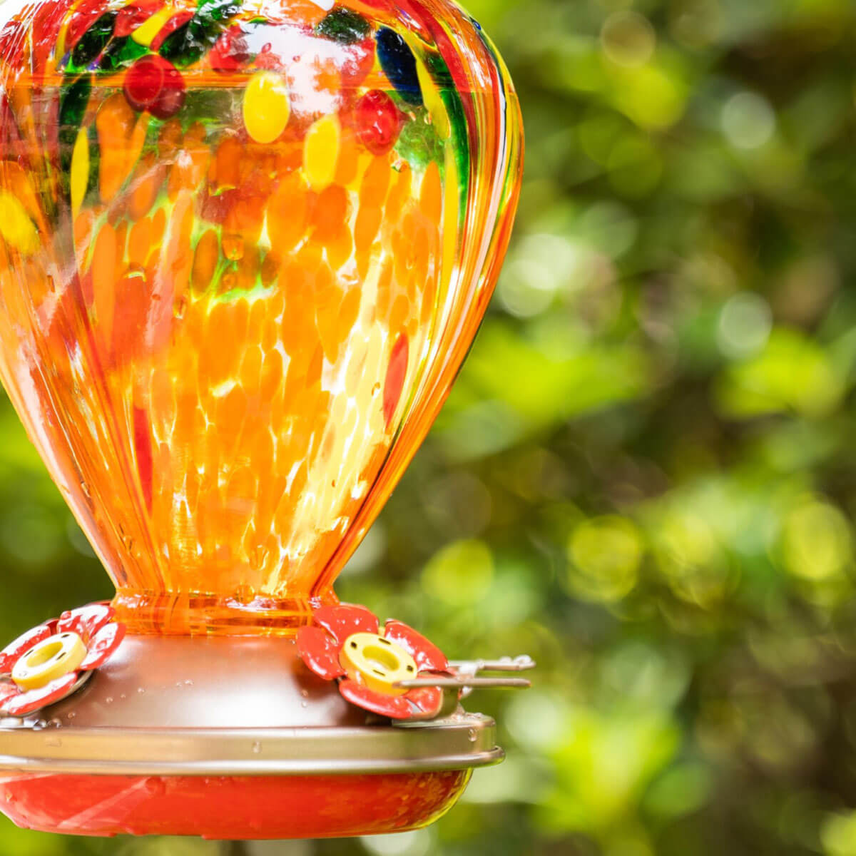 Muse Garden Hand Blown Glass Hummingbird Feeder, 34 Ounces, Orange Fireworks