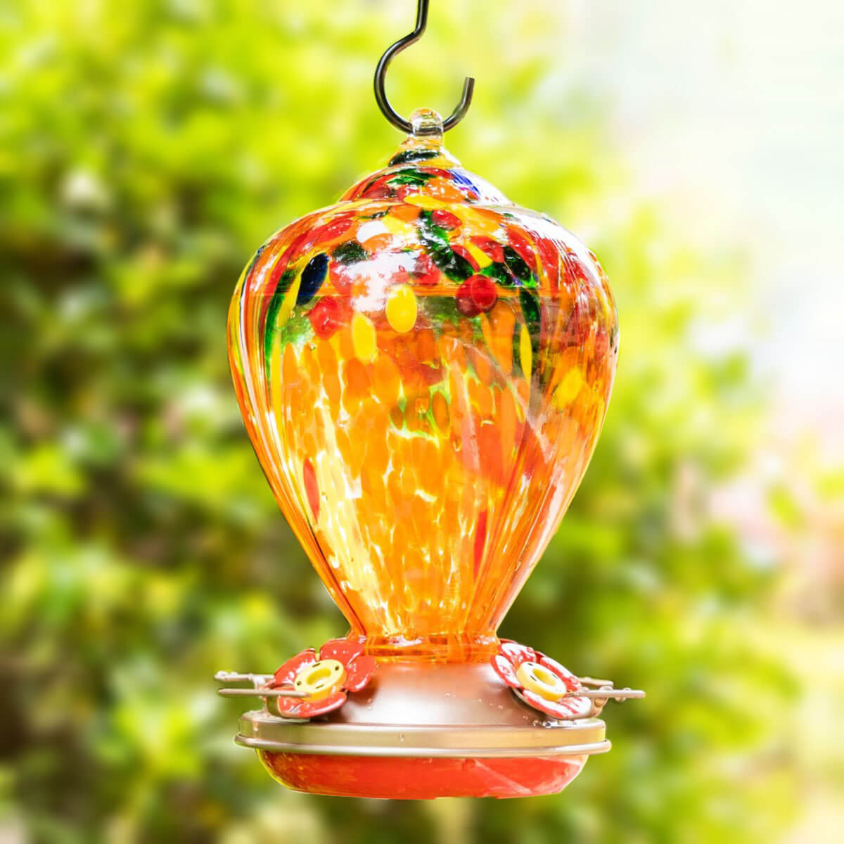 Muse Garden Hand Blown Glass Hummingbird Feeder, 34 Ounces, Orange Fireworks