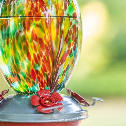 Muse Garden Hand Blown Glass Hummingbird Feeder, 27 Ounces, Unique Gift for Mom Women, Outdoors Hanging Garden Decor, Includes Ant Moat & Brush, Emerald Peacock