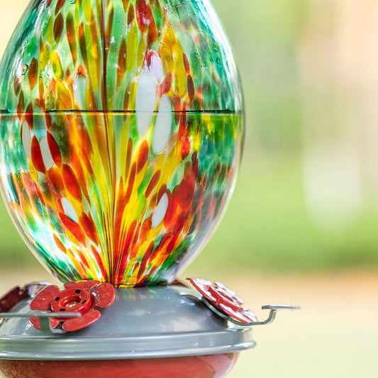 Muse Garden Hand Blown Glass Hummingbird Feeder, 32 Ounces, Emerald Peacock