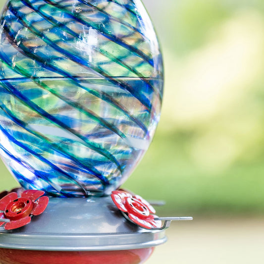 Muse Garden Hand Blown Glass Hummingbird Feeder, 32 Ounces, Royal