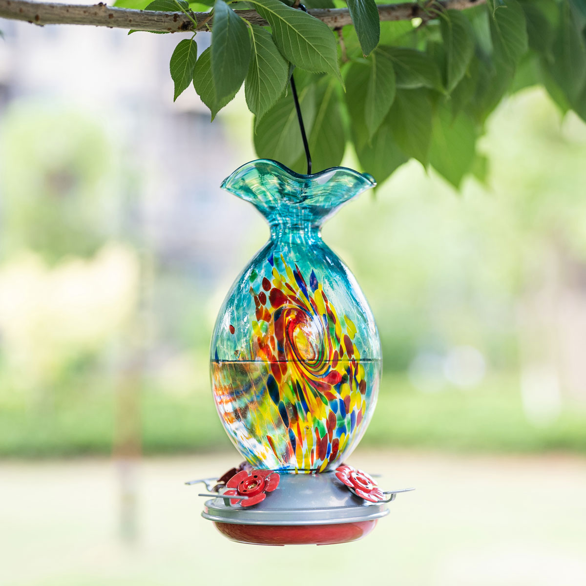 Muse Garden Hand Blown Glass Hummingbird Feeder, 32 Ounces, Blue Swirl