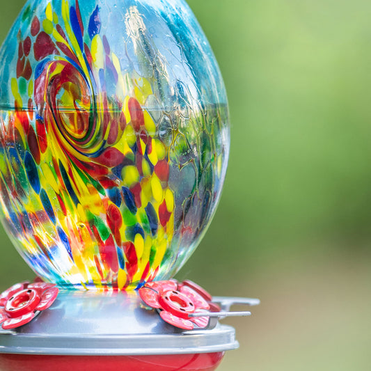 Muse Garden Hand Blown Glass Hummingbird Feeder, 32 Ounces, Blue Swirl