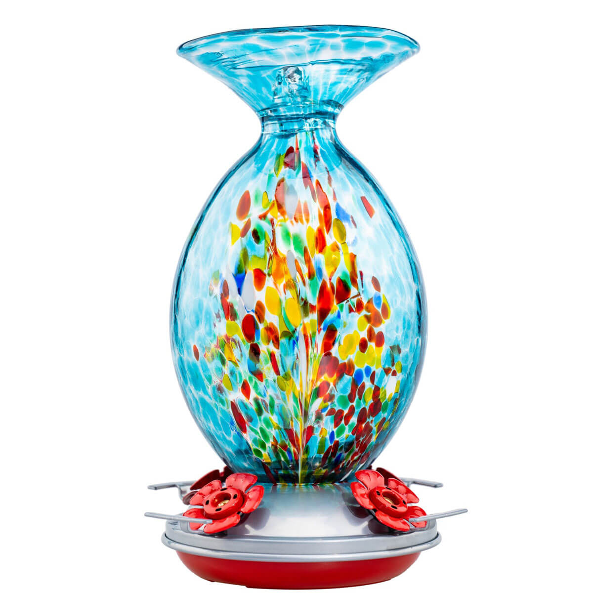 Muse Garden Hand Blown Glass Hummingbird Feeder, 32 Ounces, Blue Fireworks