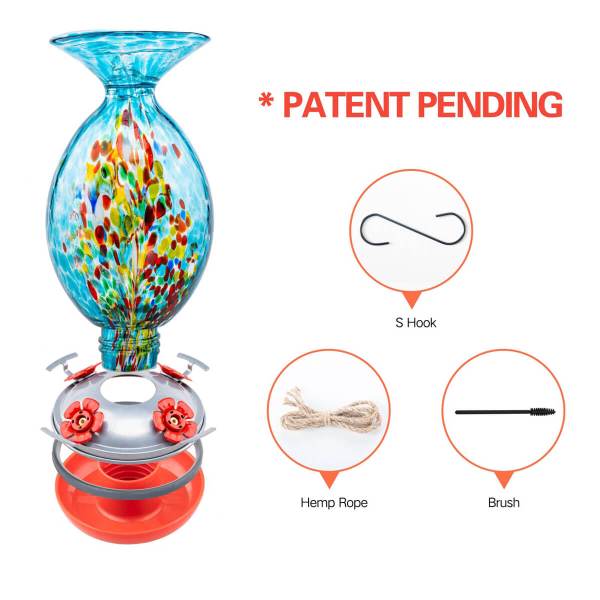 Muse Garden Hand Blown Glass Hummingbird Feeder, 32 Ounces, Blue Fireworks