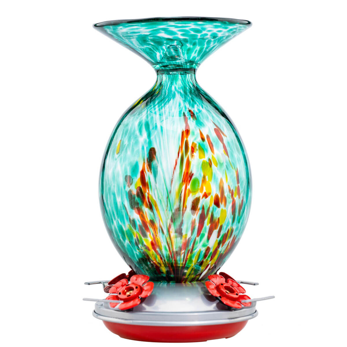 Muse Garden Hand Blown Glass Hummingbird Feeder, 32 Ounces, Emerald Peacock