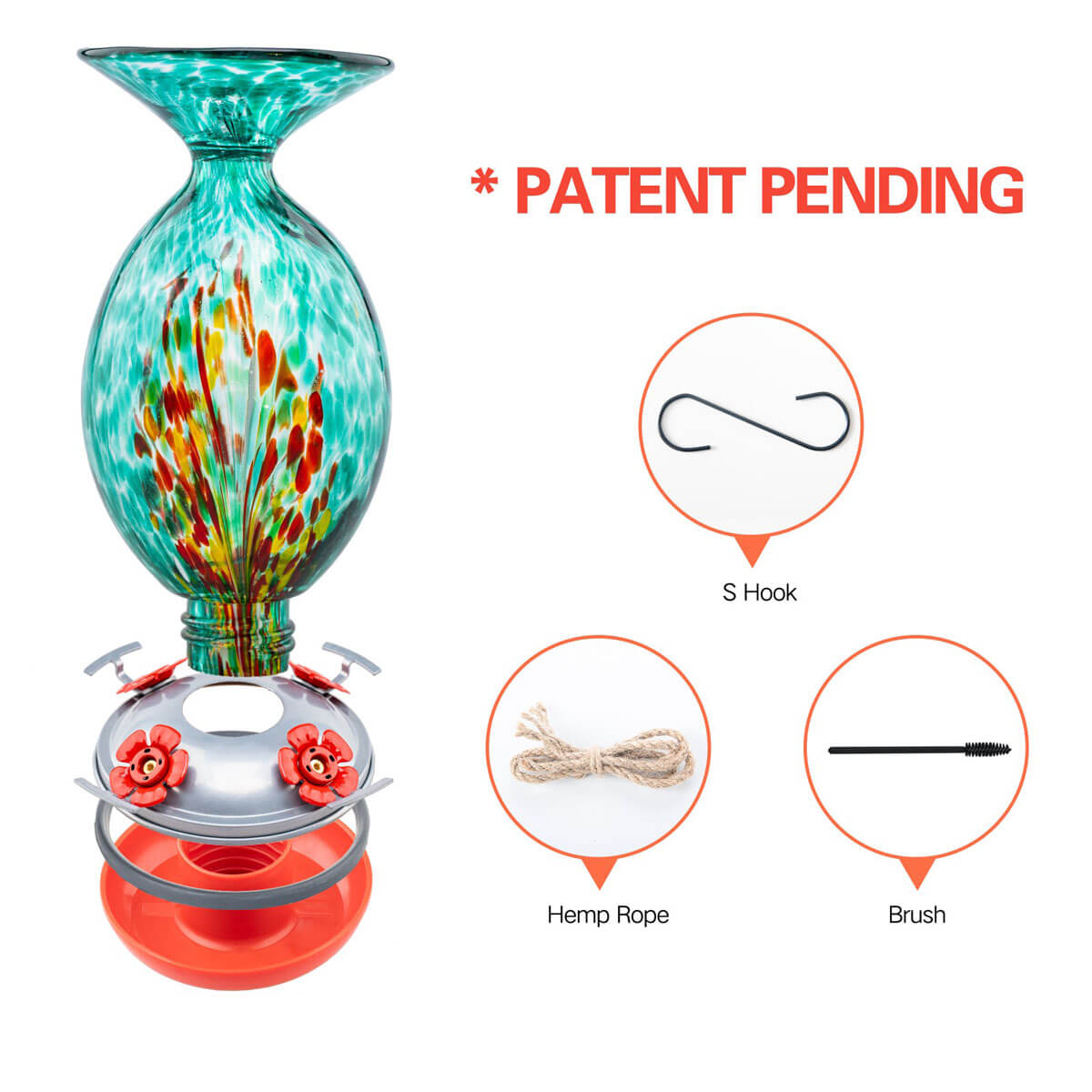 Muse Garden Hand Blown Glass Hummingbird Feeder, 32 Ounces, Emerald Peacock