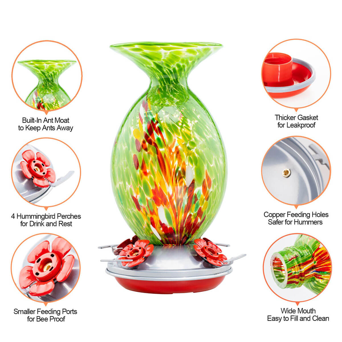 Muse Garden Hand Blown Glass Hummingbird Feeder, 32 Ounces, Green Floral