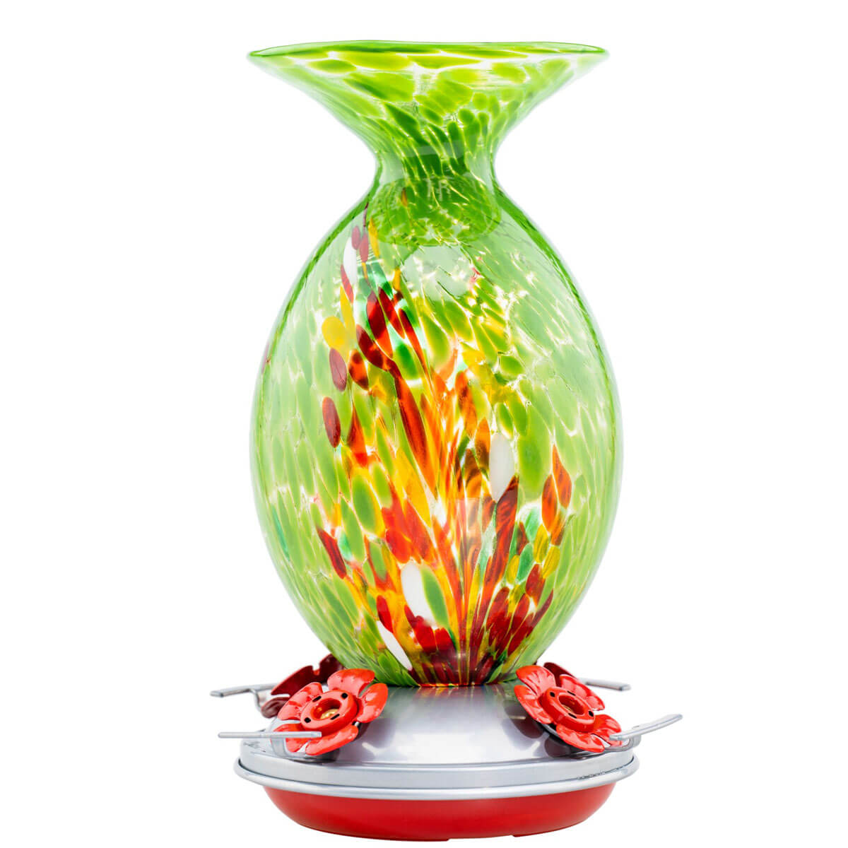 Muse Garden Hand Blown Glass Hummingbird Feeder, 32 Ounces, Green Floral