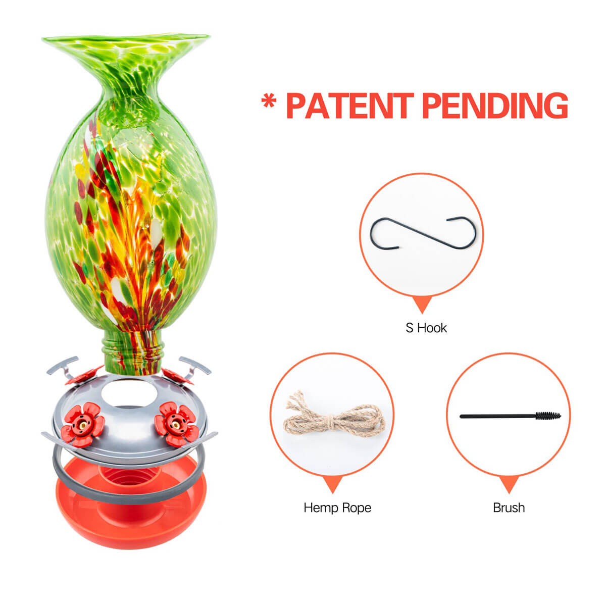 Muse Garden Hand Blown Glass Hummingbird Feeder, 32 Ounces, Green Floral