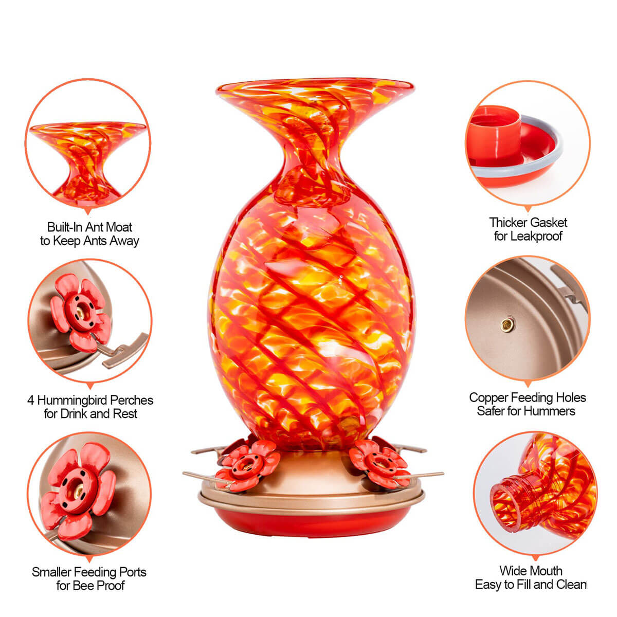 Muse Garden Hand Blown Glass Hummingbird Feeder, 32 Ounces, Flame Mermaid