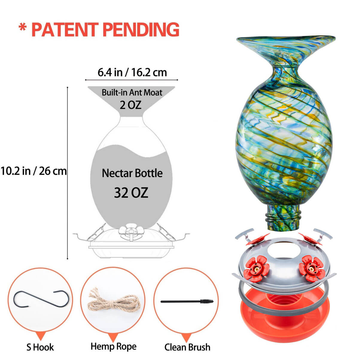 Muse Garden Hand Blown Glass Hummingbird Feeder, 32 Ounces, Beach Mermaid