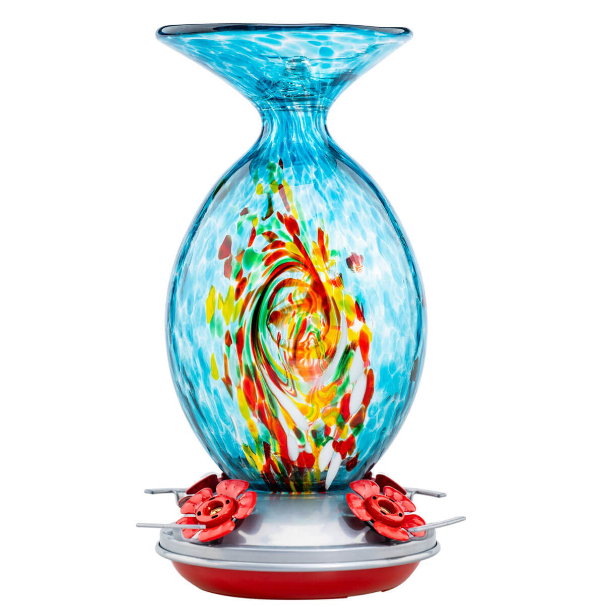 Muse Garden Hand Blown Glass Hummingbird Feeder, 32 Ounces, Blue Swirl