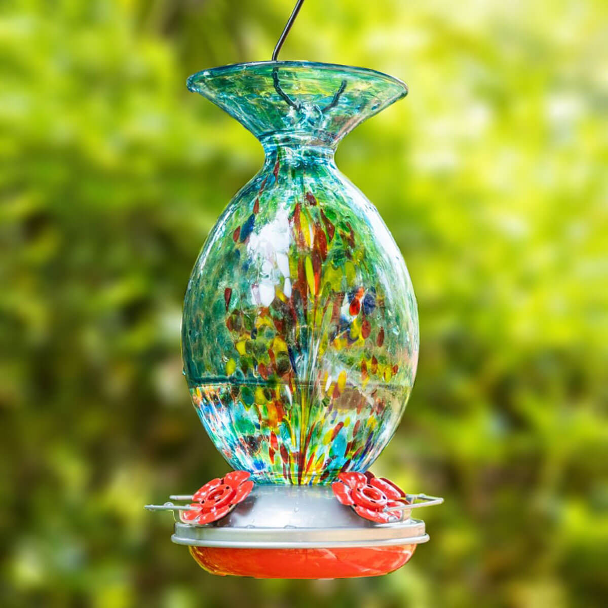 Muse Garden Hand Blown Glass Hummingbird Feeder, 32 Ounces, Blue Fireworks