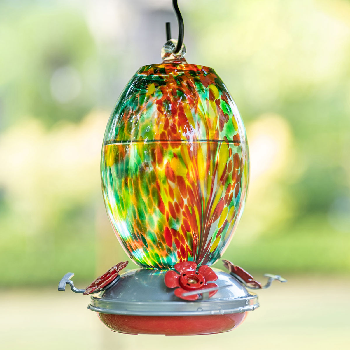 Muse Garden Hand Blown Glass Hummingbird Feeder, 27 Ounces, Emerald Peacock