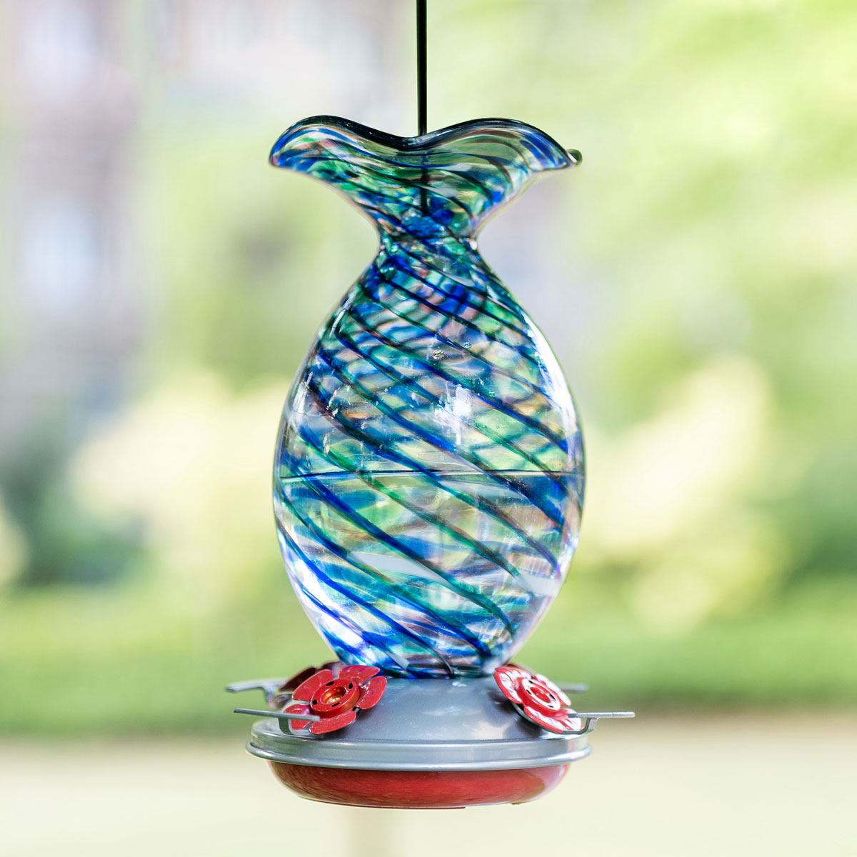 Muse Garden Hand Blown Glass Hummingbird Feeder, 32 Ounces, Royal