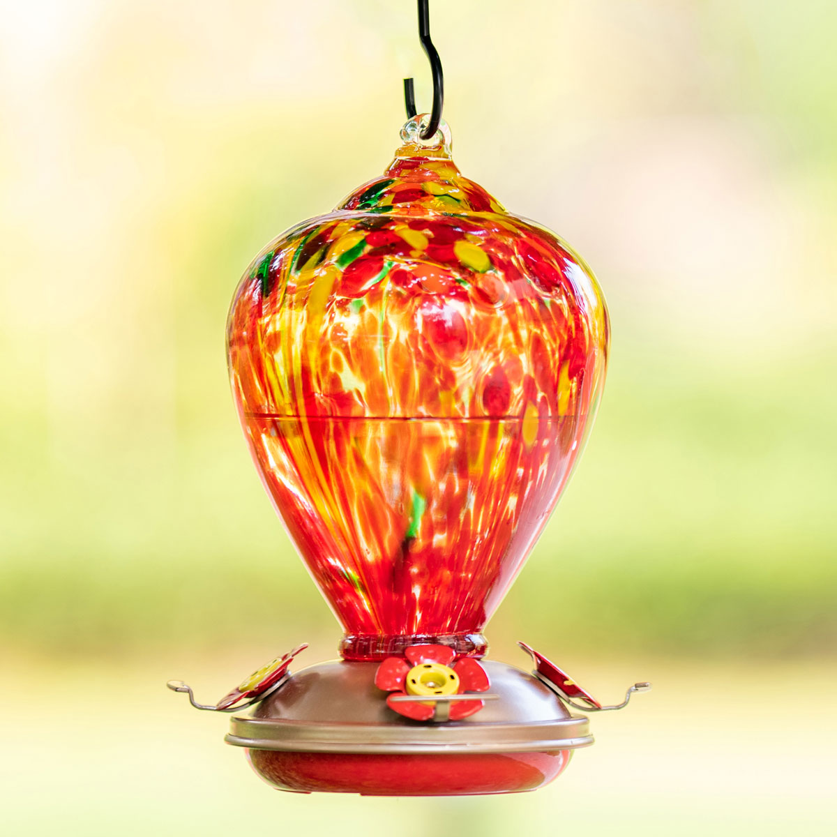 Muse Garden Hand Blown Glass Hummingbird Feeder, 34 Ounces, Red Fireworks