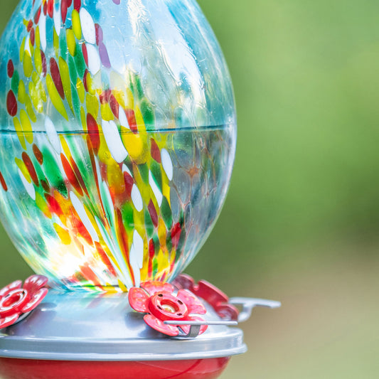 Muse Garden Hand Blown Glass Hummingbird Feeder, 32 Ounces, Blue Fireworks