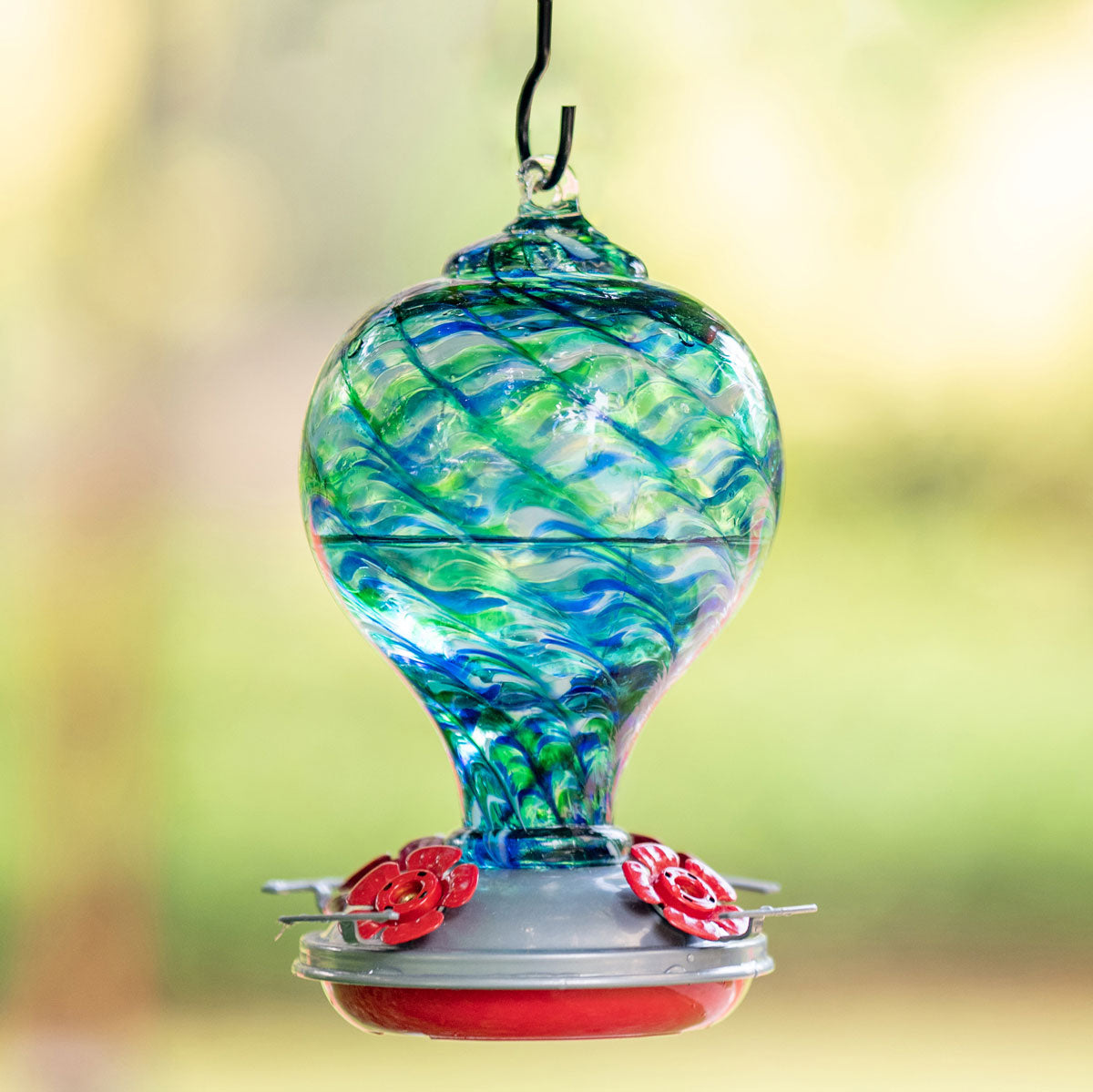 Muse Garden Hand Blown Glass Hummingbird Feeder, 32 Ounces, Blue Moonstone