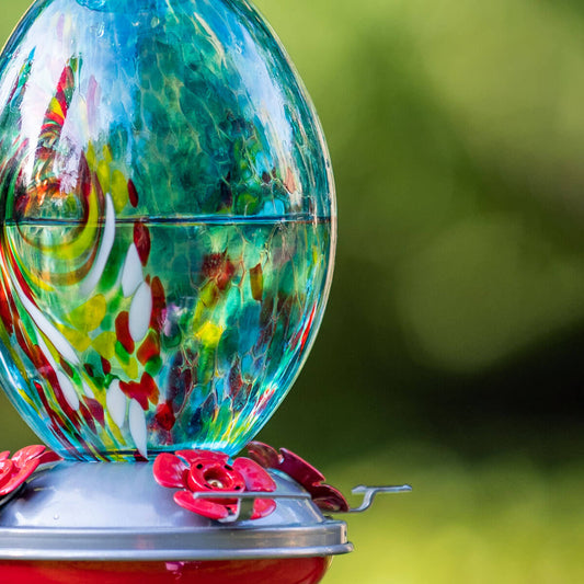 Muse Garden Hand Blown Glass Hummingbird Feeder, 32 Ounces, Blue Swirl