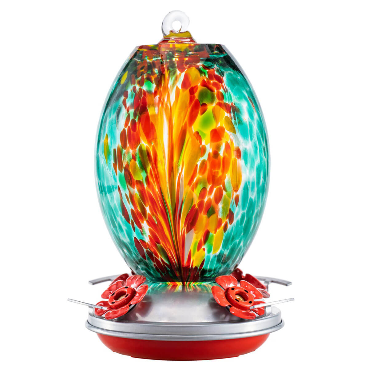 Muse Garden Hand Blown Glass Hummingbird Feeder, 27 Ounces, Emerald Peacock