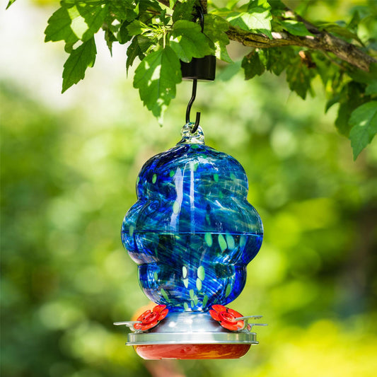 Muse Garden Hummingbird Feeders for Outdoors Hanging, 24 Ounces, Blue, Blown Glass Hummingbird Feeder, Unique Hummingbird Gifts for Women