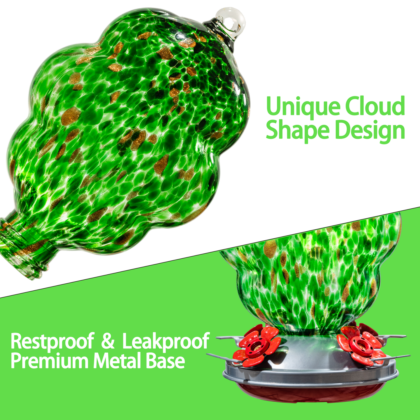 Muse Garden Hummingbird Feeders for Outdoors Hanging, 24 Ounces, Green, Blown Glass Hummingbird Feeder, Unique Hummingbird Gifts for Women, 24 Ounces, Green