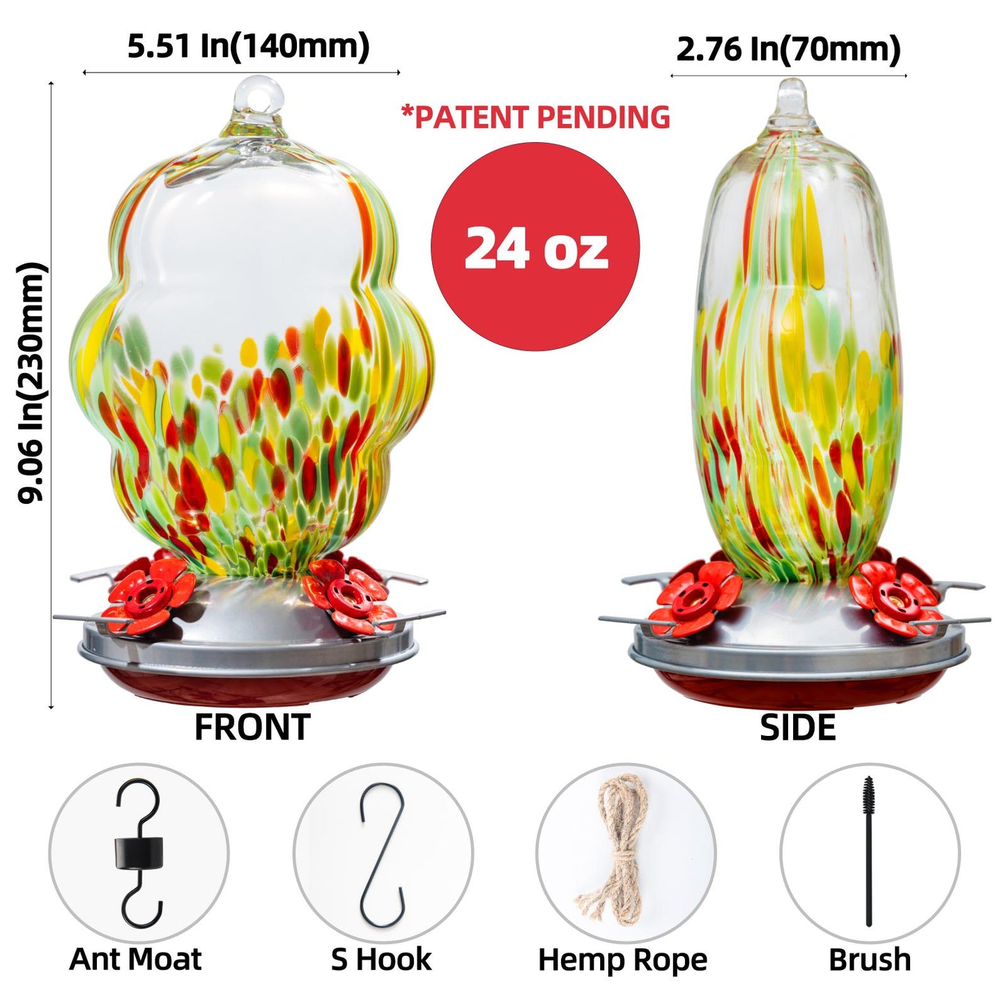 Muse Garden Hummingbird Feeders for Outdoors Hanging, 24 Ounces, Multi-colored, Blown Glass Hummingbird Feeder, Unique Hummingbird Gifts for Women