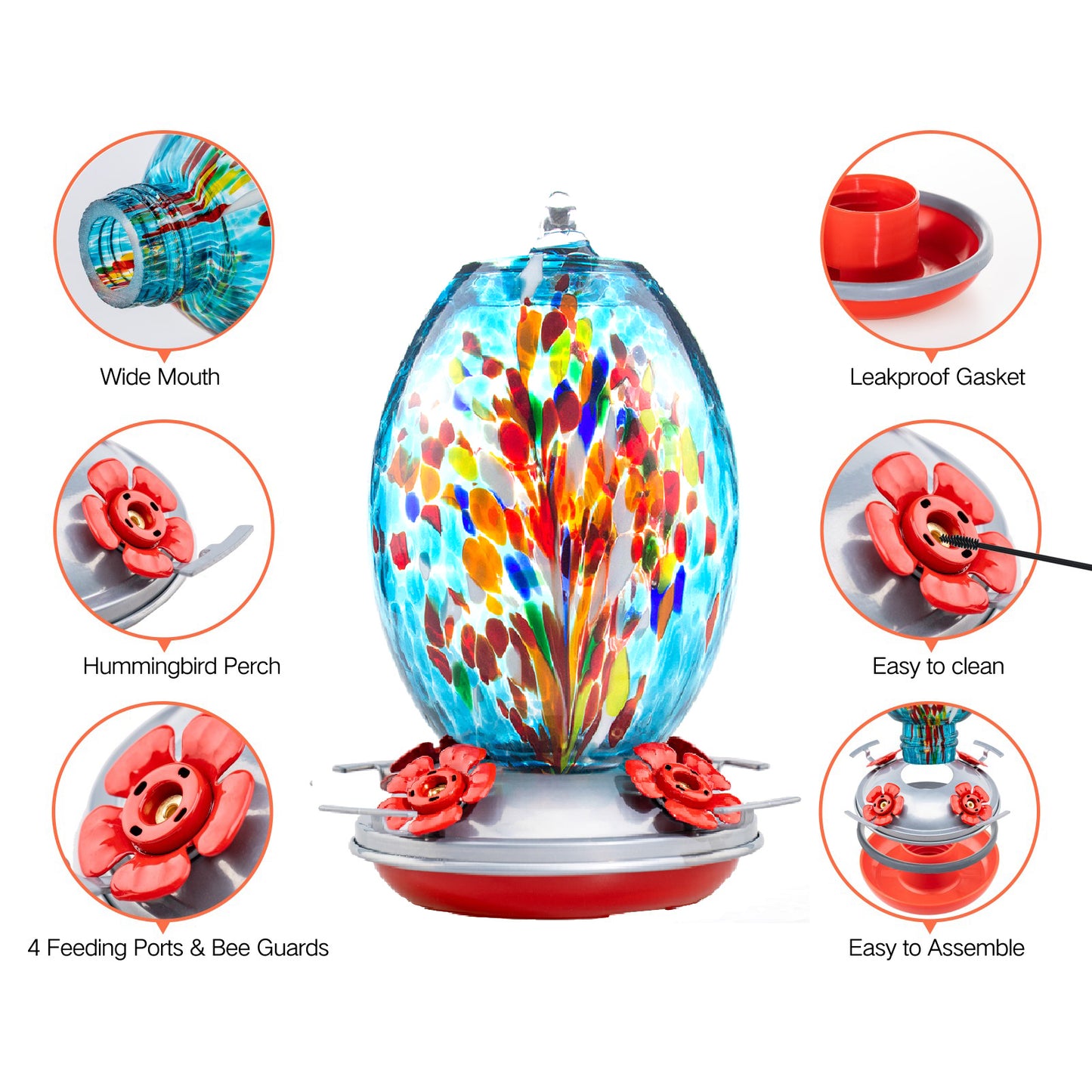 Muse Garden Hand Blown Glass Hummingbird Feeder  - 27 Ounces - Fireworks