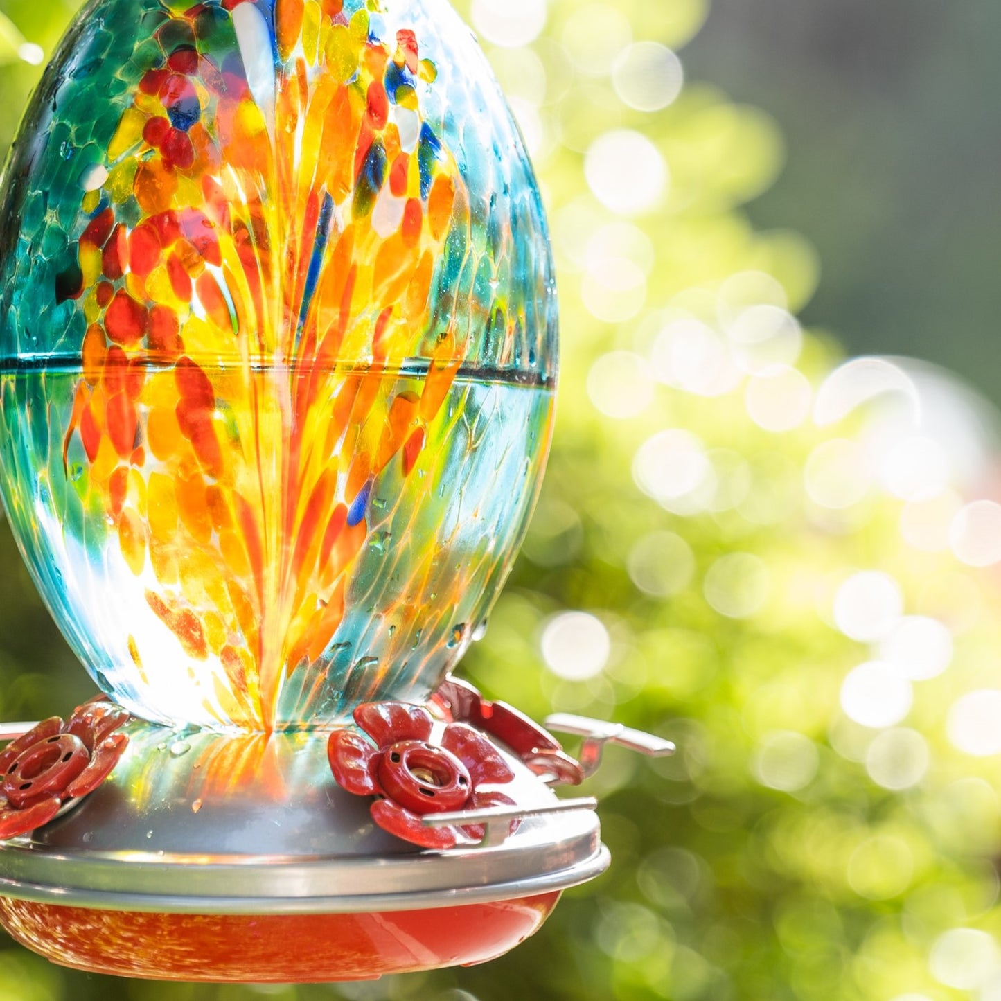 Muse Garden Hand Blown Glass Hummingbird Feeder  - 27 Ounces - Fireworks