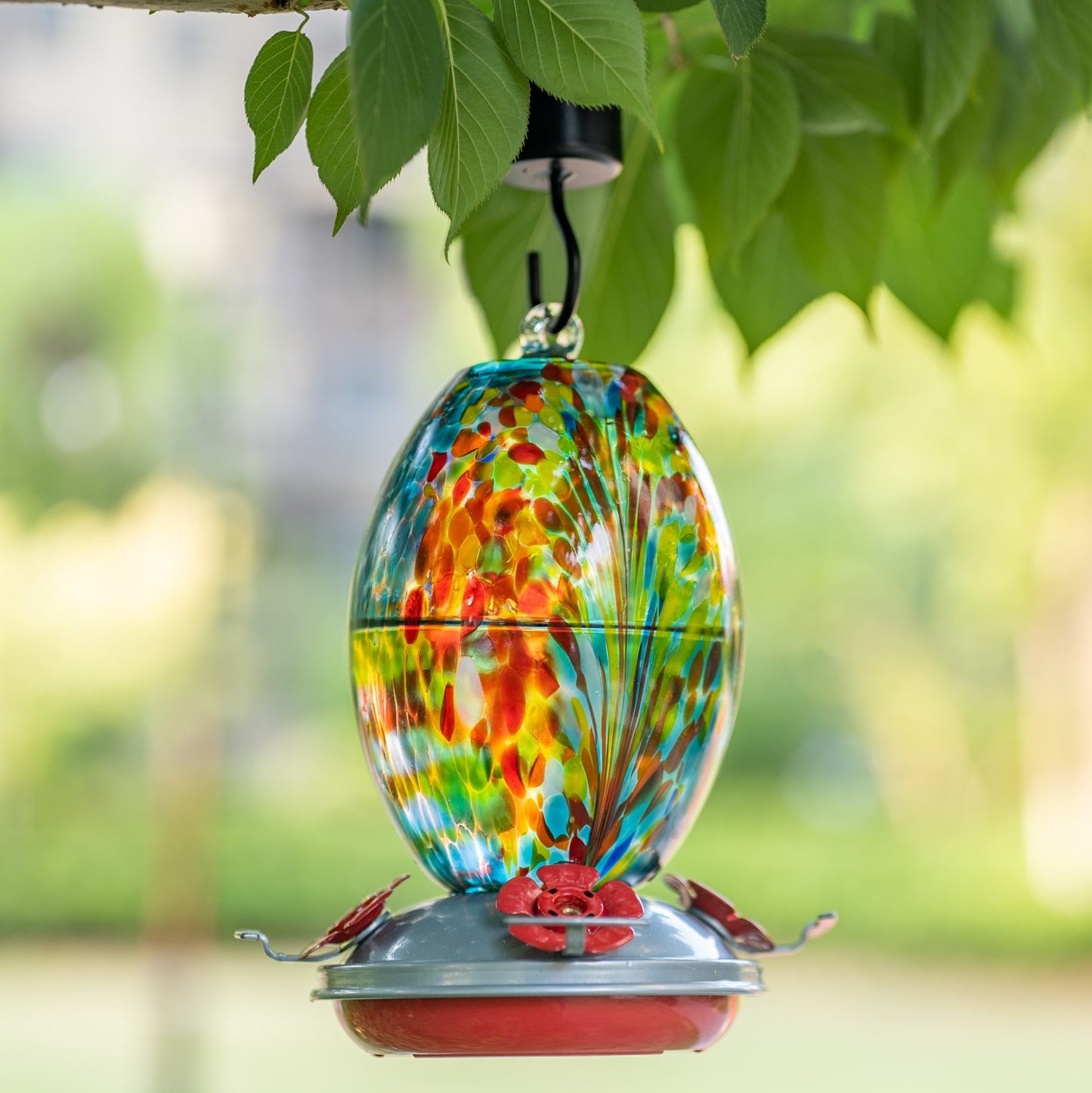 Muse Garden Hand Blown Glass Hummingbird Feeder  - 27 Ounces - Fireworks