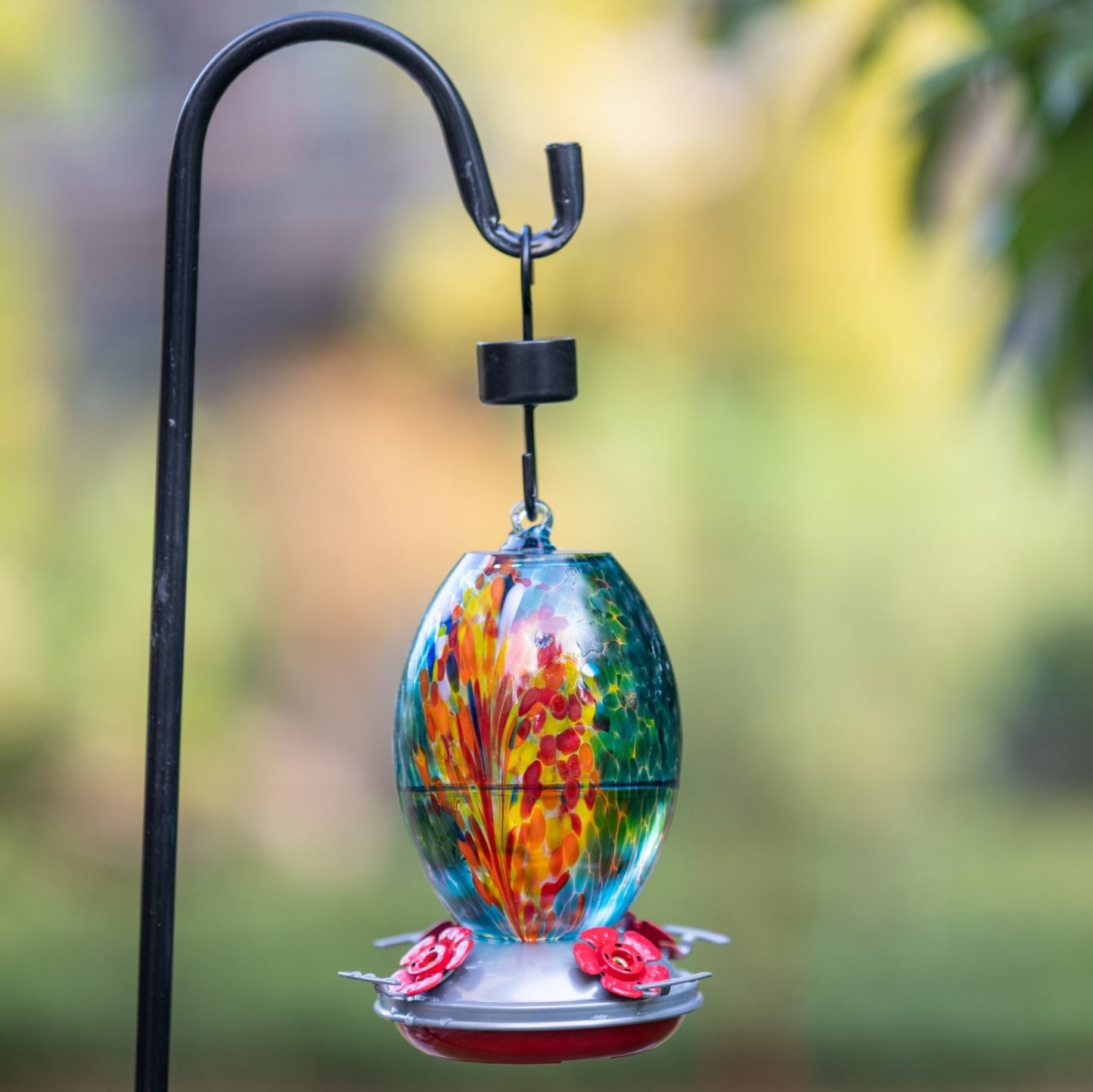 Muse Garden Hand Blown Glass Hummingbird Feeder  - 27 Ounces - Fireworks