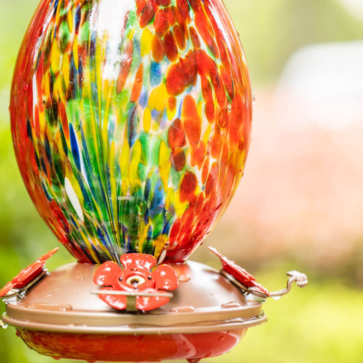 Muse Garden Hand Blown Glass Hummingbird Feeder, 32 Ounces, Red Phoenix