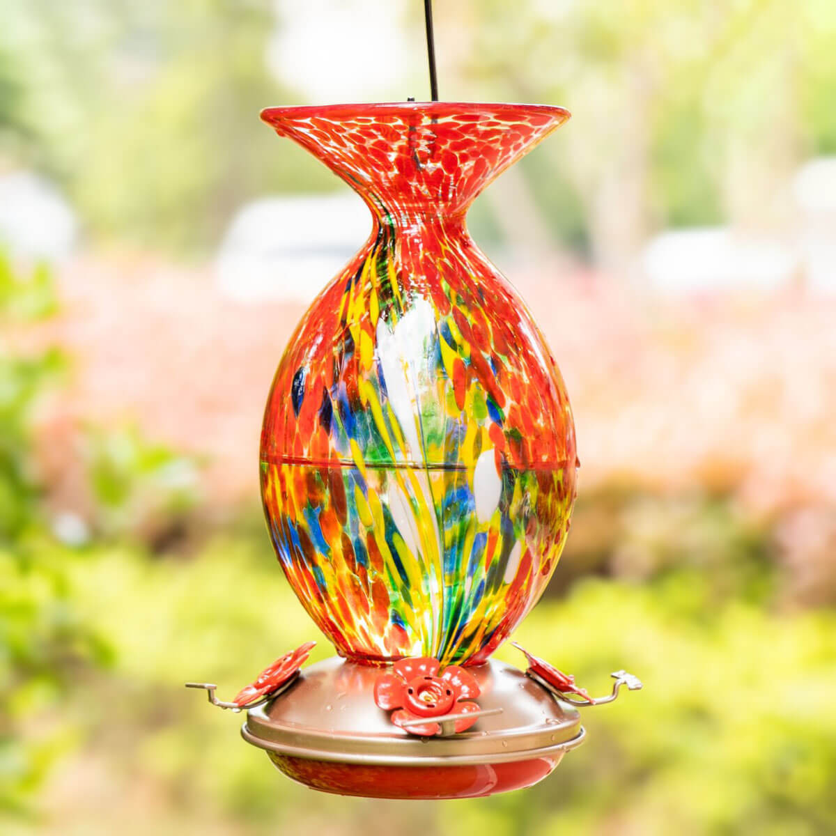 Muse Garden Hand Blown Glass Hummingbird Feeder, 32 Ounces, Red Phoenix