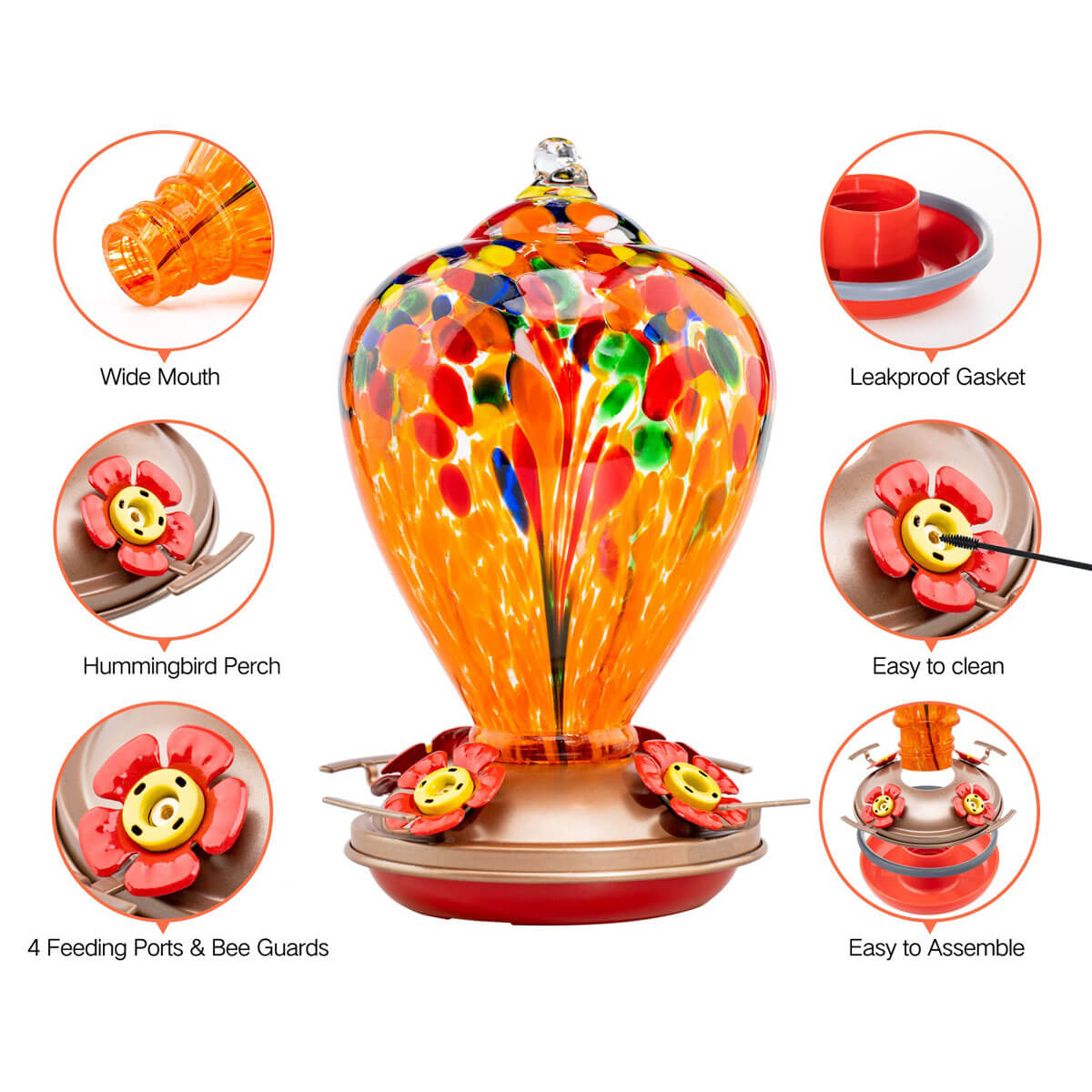 Muse Garden Hand Blown Glass Hummingbird Feeder, 34 Ounces, Orange Fireworks