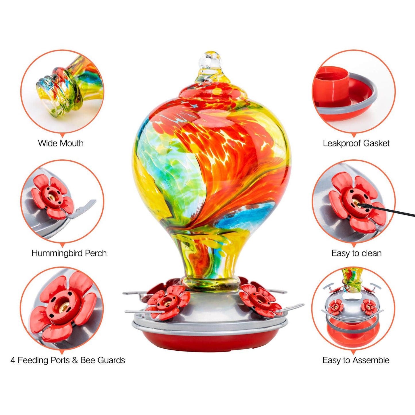 Muse Garden Hand Blown Glass Hummingbird Feeder  - 32 Ounces - Carnival