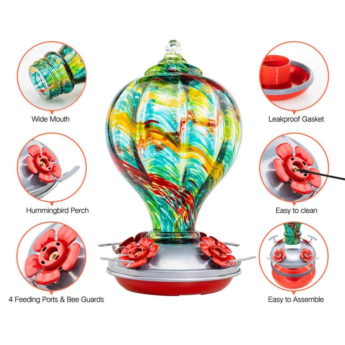 Muse Garden Hand Blown Glass Hummingbird Feeder Rainbow Spirit