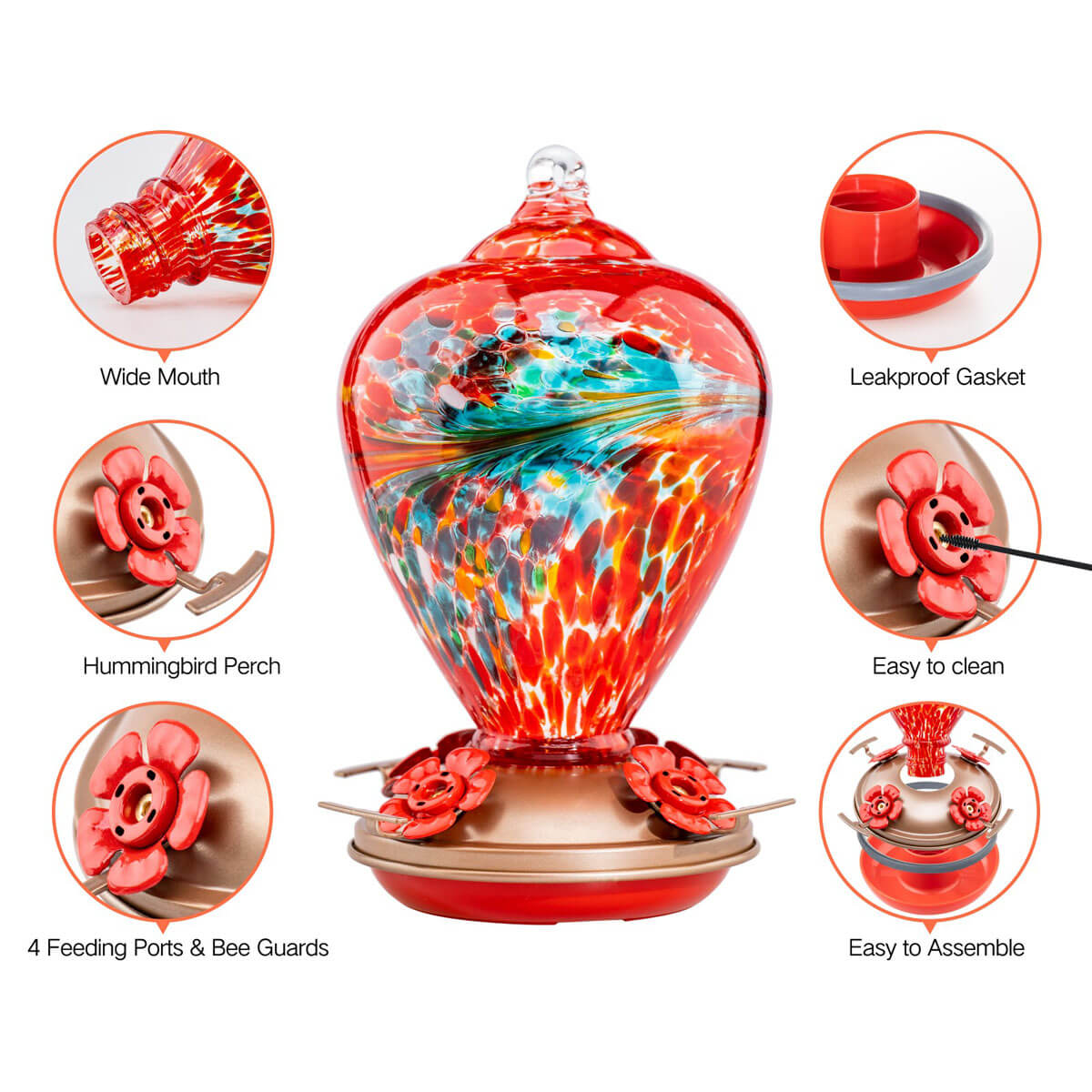 Muse Garden Hand Blown Glass Hummingbird Feeder, 34 Ounces, Phoenix Flying