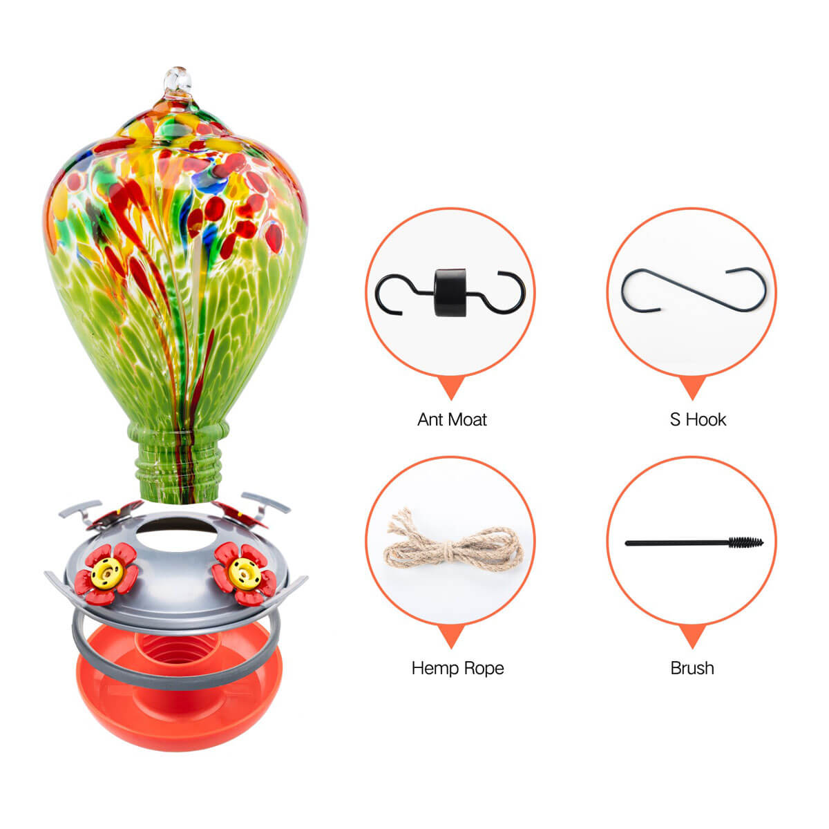 Muse Garden Hand Blown Glass Hummingbird Feeder, 34 Ounces, Green Fireworks