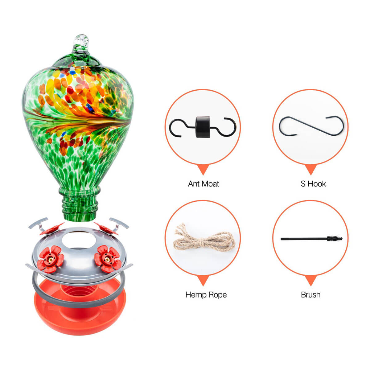 Muse Garden Hand Blown Glass Hummingbird Feeder  - 34 Ounces - Peacock