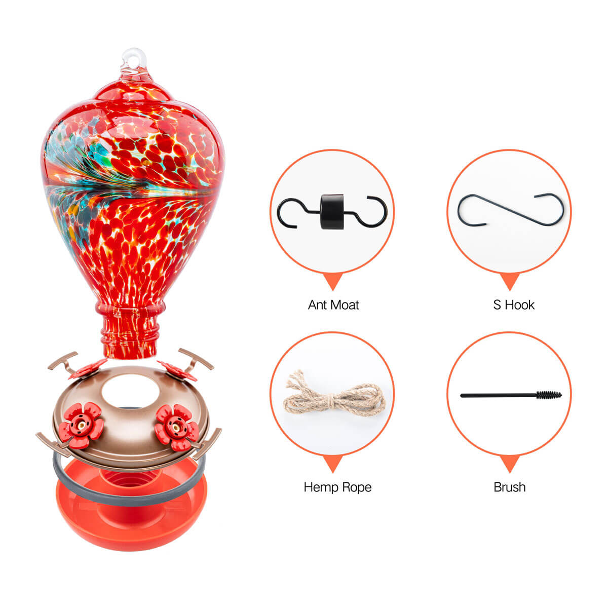 Muse Garden Hand Blown Glass Hummingbird Feeder, 34 Ounces, Phoenix Flying