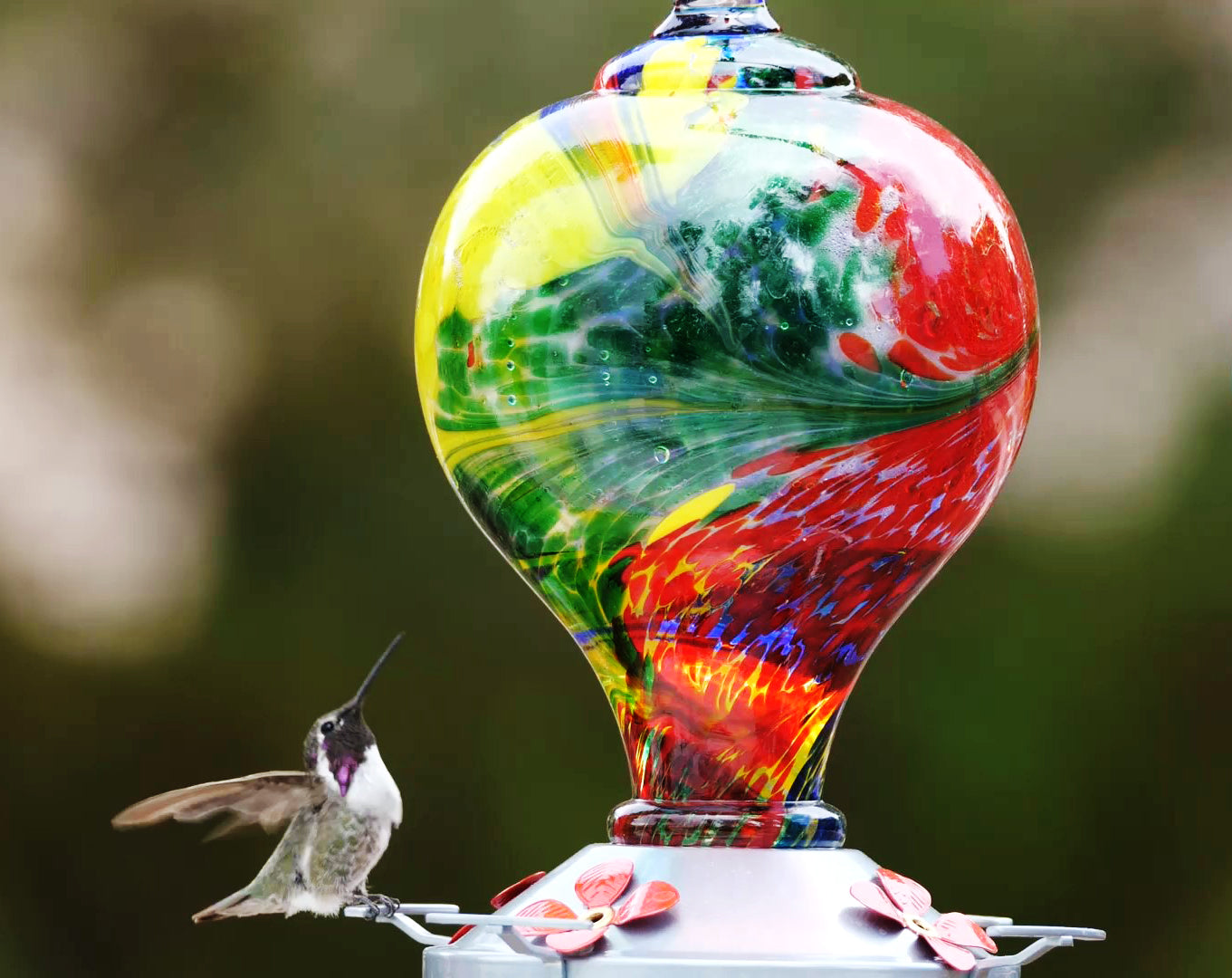 Muse Garden Hand Blown Glass Hummingbird Feeder  - 32 Ounces - Nebula